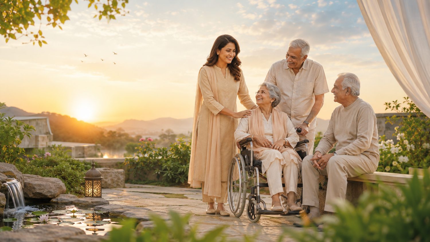 A caregiver with elders in a sunlit garden